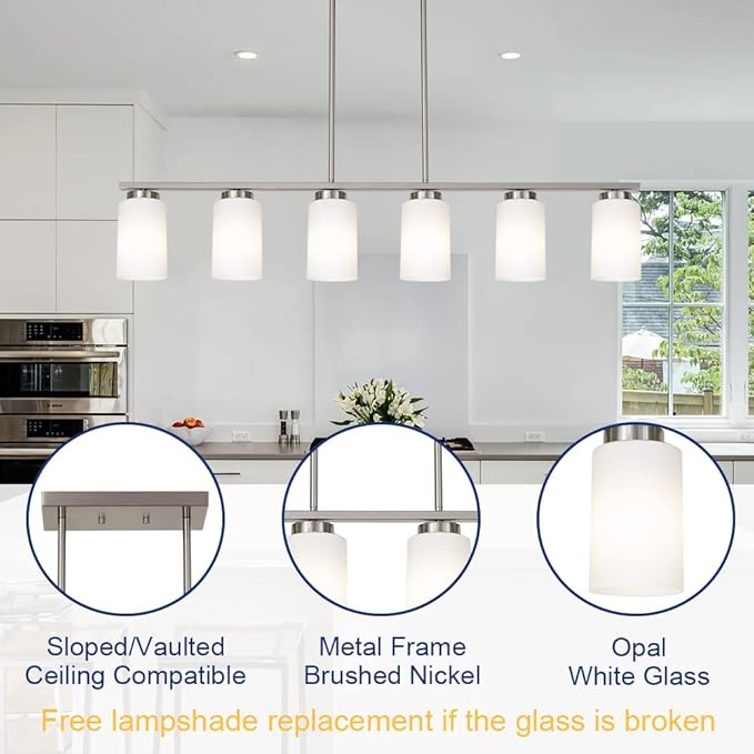 TODOLUZ 6-Lights Farmhouse Pendant Light Fixture Kitchen Island Lights with Opal White Glass Shade, Hanging Ceiling Light in Brushes Nickel for Dining Room Home Lighting