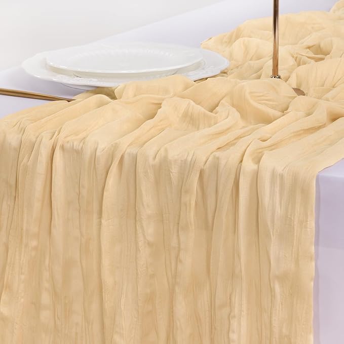 Socomi 6pcs Gold Champagne Cheesecloth Table Runner Valentine's Day Boho Rustic Gauze 120 inch 10FT Cheese Cloth Runner for Wedding Party Baby Shower Birthday Home Decor Holiday Decorations