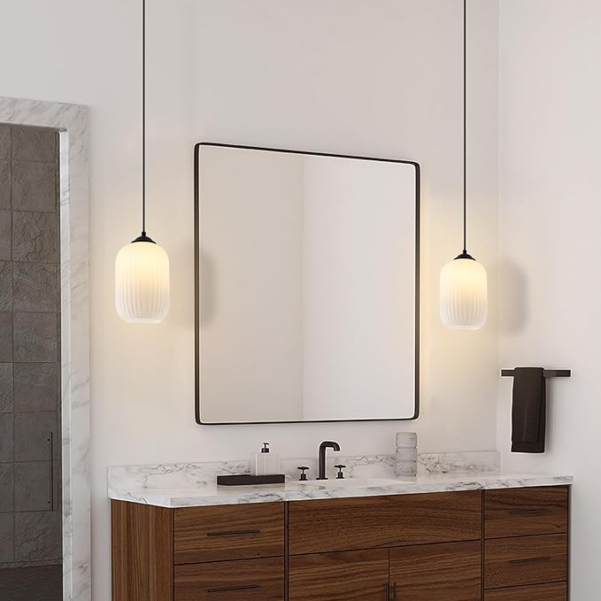 Modern Cylinder Pendant Lighting Mini Black and White Pendant Light Mid Century Ribbed Glass Flush Mount Ceiling Light Farmhouse Hanging Pendant Light Fixture