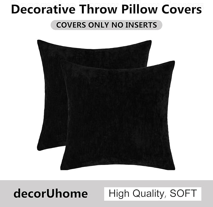 decorUhome Chenille Black Christmas Throw Pillow Covers 16x16 Inch Set of 2, Decorative Soft Couch Pillow Covers Solid Dyed Accent Farmhouse Neutral Square Pillow Cases for Sofa