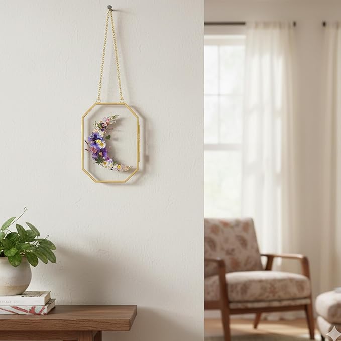 Pressed Flower Floating Frame with Tweezers,5.6x6inch, Gold Glass Hanging Brass Photo Frame with Chain, Double Clear Glass Vintage Octagon Design, Wall Craft Art Decor for Dried Plant Specimens Pictures Frame, Golden
