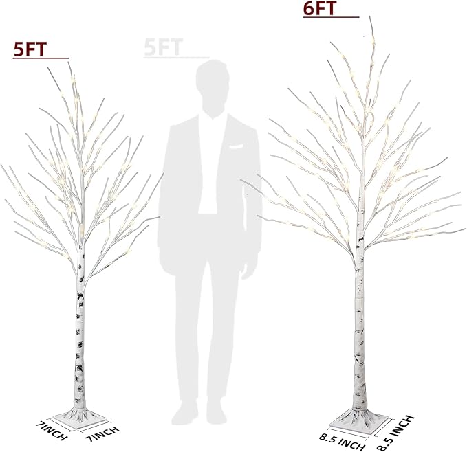 Vanthylit Prelit Birch Tree Light, White Christmas Tree for Home Party Wedding Holiday Christmas Decorations Outdoor Indoor Light Up Trees - 2 Pack 5FT 6FT (Timer)
