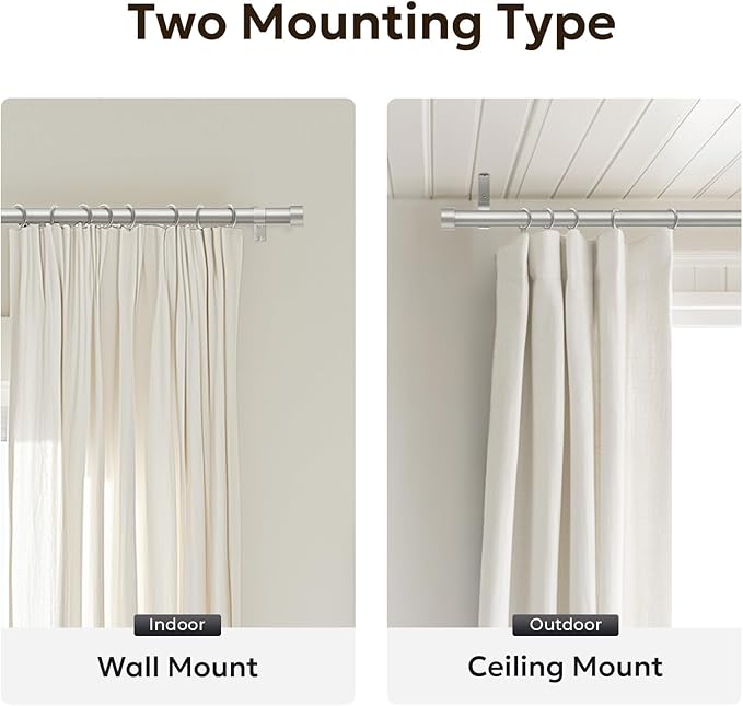 Zeerobee Curtain Rods for Windows 32 to 240, Brushed Nickel Curtain Rod, Adjustable 1 Inch Heavy Duty Outdoor/Indoor Modern Drapery Pole, 32"-240"