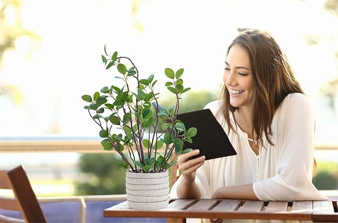 AlphaAcc 12.6" Artificial Plants Fiddle Leaf Fig Decorative Fake Plants Potted in White Round Concrete Planter Realistic Faux Plants Potted for Living Room Kitchen Bedroom Office and Tabletop Decor