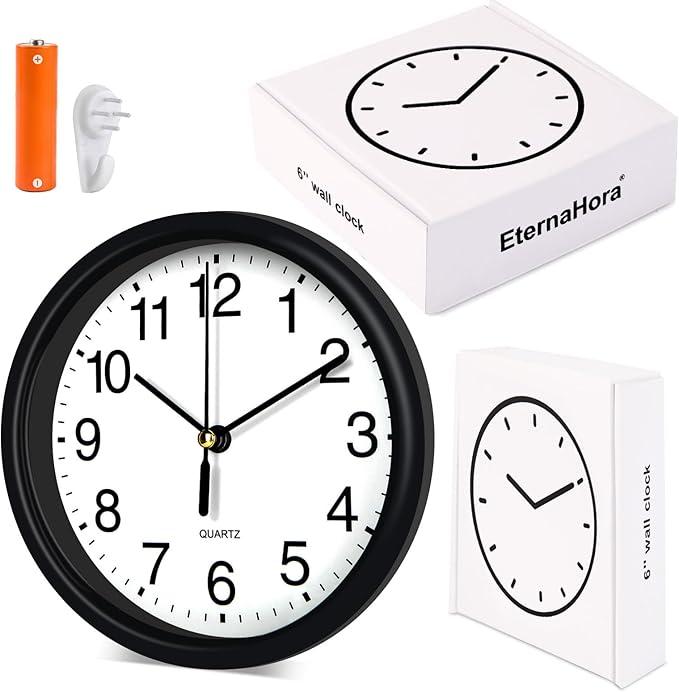 Silent Wall Clock Non Ticking, 6 Inch Wall Clocks Battery Operated, Small Analog Clock for Bedroom Home Office Kitchen Bathroom School, Easy to Read(Black)