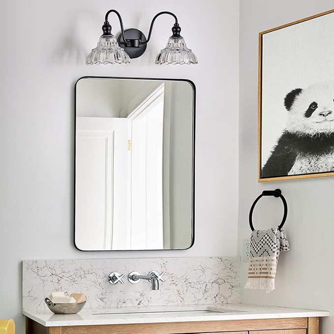 2-Light Modern Wall Sconce Black Wall Light Fixtures Made of Metal Body and Pressed Patterned Glass with Unique Design Vanity Light for Bedroom, Bathroom, Doorway, Farmhouse