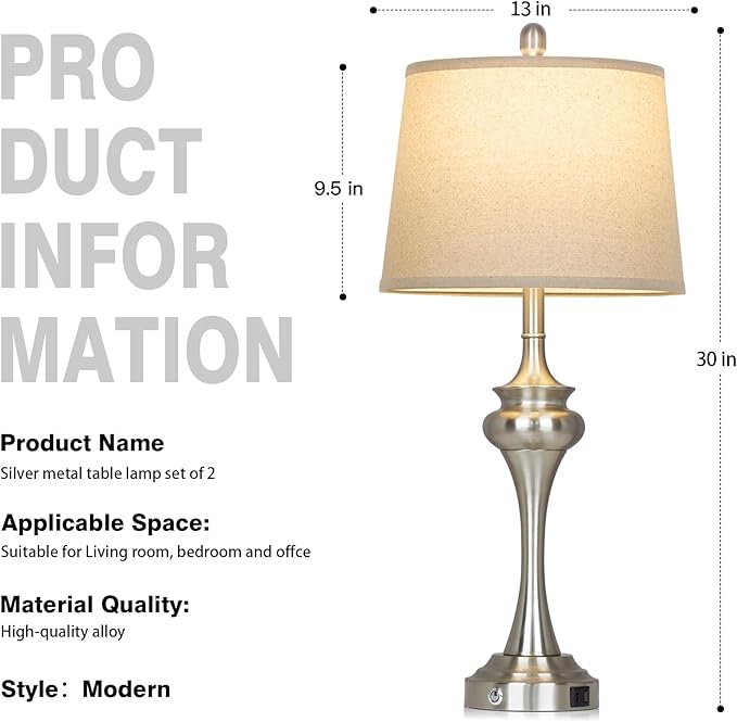 30 inch Silver Table Lamp Single, 3 Way Touch Control Bedside Lamp with USB A+C Ports, Modern Brushed Nickel Bedroom Lamps for Nightstand, Tall Metal Living Room Lamps for Side Table Office