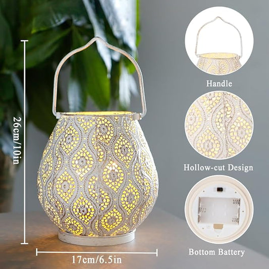 TRIROCKS Set of 12 Moroccan Decorative Lamps 8'' High Battery Powered Cordless Lamp Metal Table Lamps with Fairy Lights Bulb for Home Room Garden Yard Party Events Tabletop Indoor Outdoor(White)