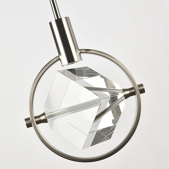 Cube Crystal Pendant Light Fixture, Modern Small Pendant Lighting for Kitchen Island, Dimmable Brushed Nickel Pendant Chandelier Hanging Light for Dining Room, Bar, Bathroom