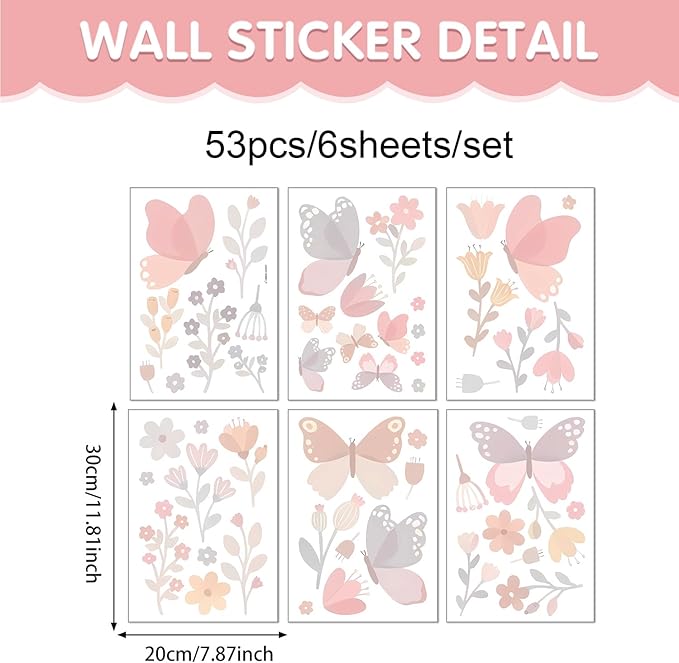 Watercolor Butterfly and Flower Wall Decals Peel and Stick- 53 PCS Removable Wildflower Stickers for Girls Room, Nursery, Bedroom Decor, Easy Peel and Stick Wall Art