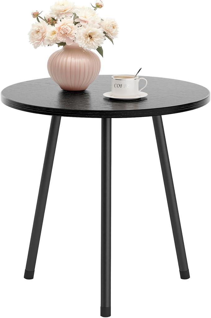 15.7" Round Side Table, Small End Table for Living Room & Bedroom, Wood Grain Accent Table with Sturdy Metal Legs, Easy Tool-Free Assembly, Nightstand for Small Spaces, Black
