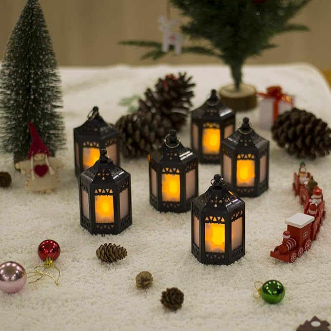 Mini Star Lantern with Flickering LED,Battery Included,Decorative Hanging Light,Christmas Decoration,Indoor Candle Lamp,Battery Lantern Indoor Use,Zkee(Set of 6 Copper Brushed)
