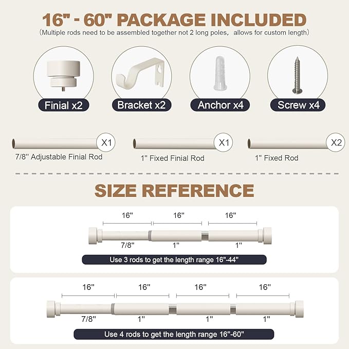 Modern White Curtain Rods for Windows 28 to 48 Inches Adjustable Length Heavy Duty 1" Diameter Window Curtain Rod with Decorative Finials for Outdoor Bedroom Kitchen Living Room