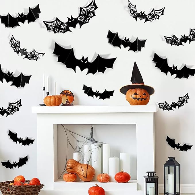 72Pcs Large Hollow Bats Wall Stickers Decals - Oversized Black Bats Decor for Kitchen, Bedroom, Fireplace, Ceiling, Indoor/Outdoor Halloween Party Favor Supplies