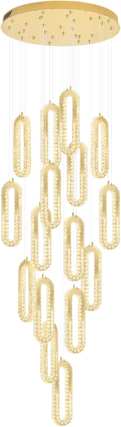 H138 Large Chandelier for High Ceiling,Modern 16-Rings Crystal Chandeliers for Entryway,Gold Pendant Light for Living Room,Foyer,Entryway LED Dimmable Staircase Chandelier
