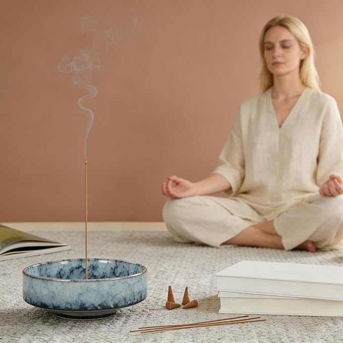 5.9" Ceramic Incense Holder with 10 Holes,5in1 Incense Tray for Sticks,Coil,Cone,Sage,Palo Santo,Handcrafted Burner Ash Catcher Smudge Bowl for Yoga Meditation Energy Cleansing Room Décor,Blue