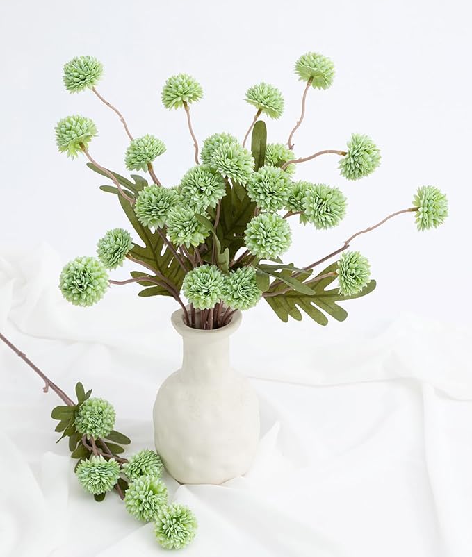 Laelfe Fall Flowers Artificial Pompon Mum, 5Pcs Fake Kiku Flowers Silk Small Mini Chrysanthemum Ball Faux Mum Decor for Autumn Filler DIY Bouquet Centerpieces Arrangements Shower (Green)
