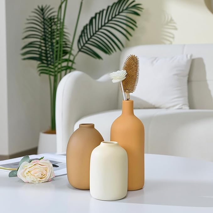Ceramic Vase Set of 3,Neutral Modern Vases for Bouquet Pampas Grass Dried Fresh Flowers,Rustic Home Decor for Living Room,Bedroom Entryway(Beige)
