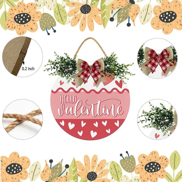 Boylee Hello Valentine Sign for Front Door Decorations, Rustic Round Wood Holiday Sign, Front Door Wreath Burlap Wooden Hanging Signs for Outdoor Farmhouse Porch Home Spring Holiday Decor