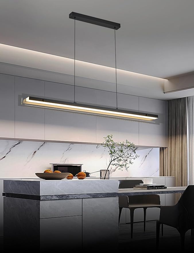 Glass Modern Black Linear Pendant Light - LED Hanging Kitchen Island Lights, Adjustable Dimmable Ceiling Fixtures, Minimalist Chandelier for Dining Room, Bar (63")