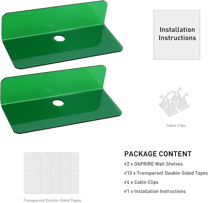 OAPRIRE Wall Mount Shelves Set of 2 for Bedroom, Bathroom, Kids Room & More - Drill Free Acrylic Shelf with Cable Clips, Waterproof Strong Adhesive, Easy to Install (Emerald)