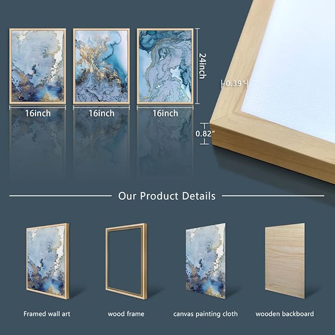 Natural Wood Framed Wall Art For Living Room Large Wall Decoration For Bedroom Office Wall Decor Minimalist blue Abstract Wall Painting Watercolor Wall Pictures Home Decor 3 Piece Framed Art Prints