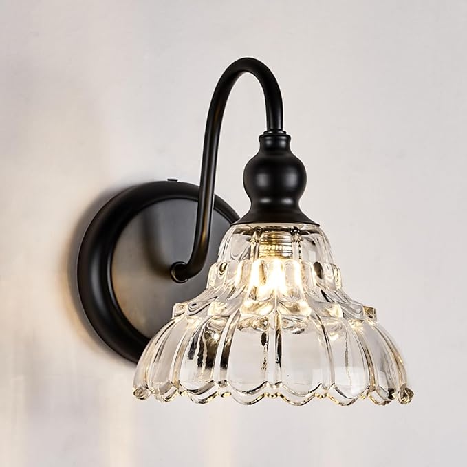 Modern Black Wall Sconce Mini Wall Light Made of Metal Body and Pressed Patterned Glass Retro Vanity Light for Bedroom, Bathroom, Doorway, Farmhouse