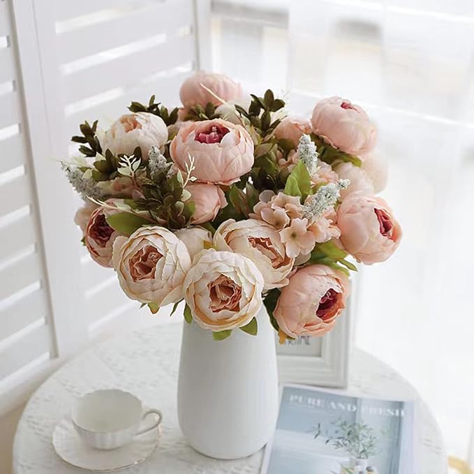 Peonies Artificial Flowers Pink Bouquet Box Set Fake Peony Bulk for DIY Bridal Baby Shower Decorations Wedding Centerpieces for Table Faux Silk Floral Arrangement Party Home Decor Indoor