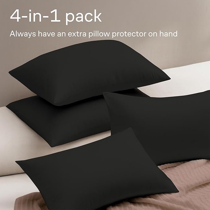 Ultra Soft Pillow Protectors with Zipper King Size - Set of 4 Breathable Pillow Covers - 100% Protection Against Stains, Dust & Dirt - Machine Washable (Black)