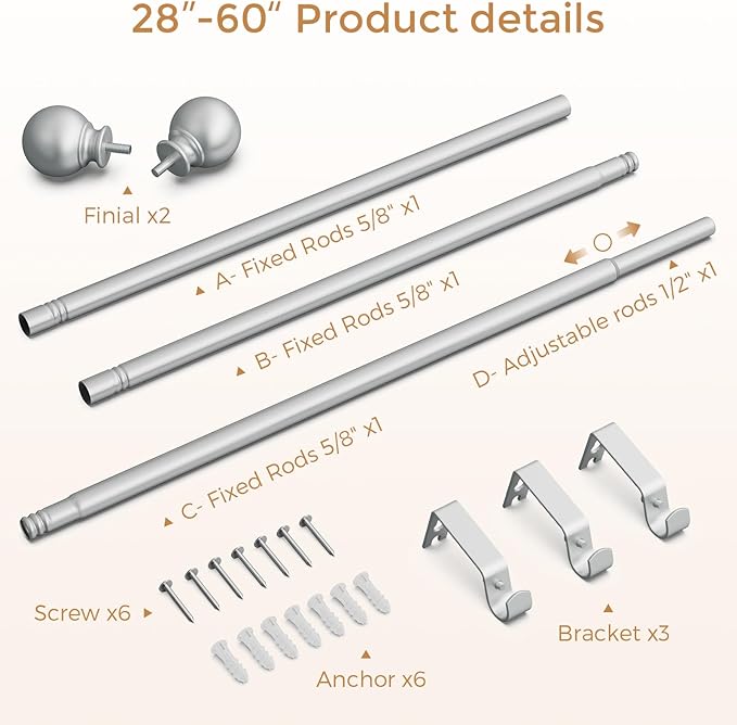 Silver Curtain Rods 18 to 60 Inches(1.5-5 Feet),5/8 inch Splicing Drapery Rods,Small Curtain Rods Set,Size: 18''-60'',Silver