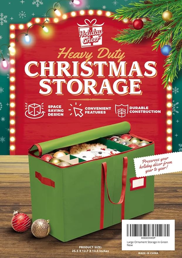Holiday Cheer Premium Christmas Ornament Storage – Christmas Storage Container Perfect for Holiday Decorations and Ornament Storage Box – Fits 128 Holiday Ornaments – Tear-Proof Fabric