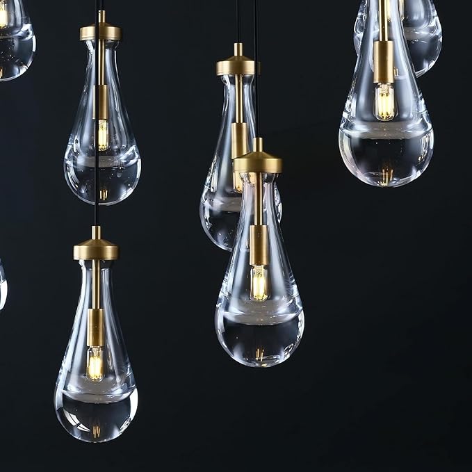Raindrop 9-Light Chandelier, Modern Brass Teardrop Pendant Light Fixture for Dining Room, Kitchen Island Hanging Light, Adjustable Rope Gold Cluster Ceiling Lighting for Living Room & Entryway