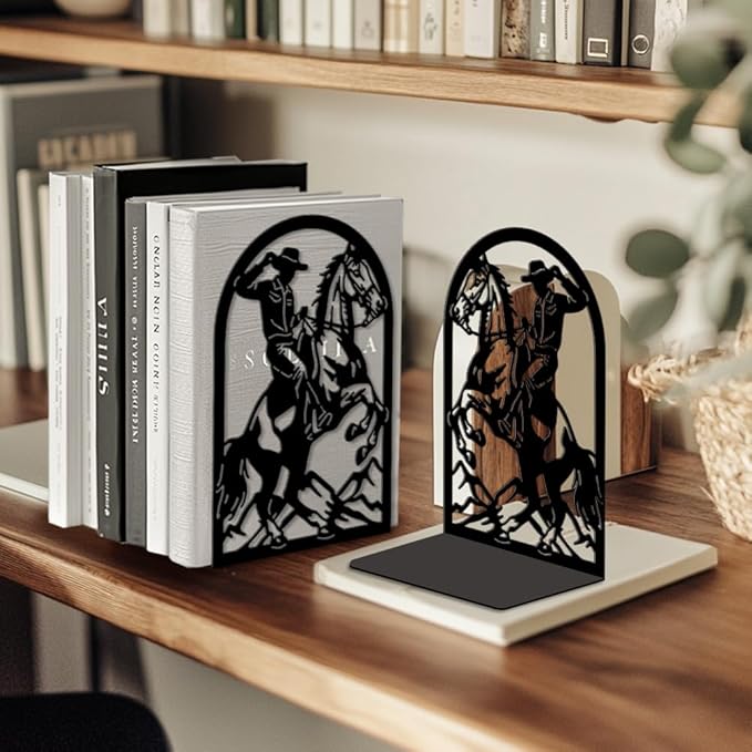 Peacoblue Metal Bookends for Shelves, Modern Decorative Heavy Duty Study Book Ends Stoppers for Office, Desk, Shelf, Room 5.3"x4.3"x7.9" Cast Iron Simple Tall Bookends 1 Pair (Cowboy Horse Riding)