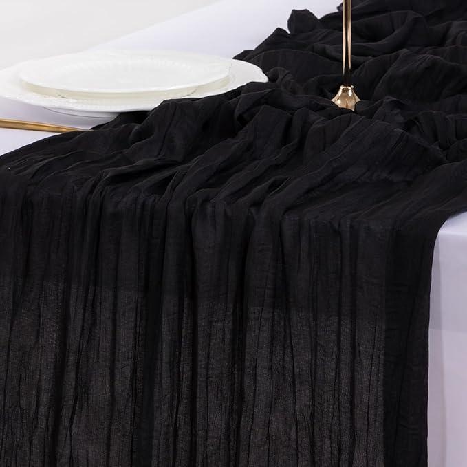 Socomi 3pcs Black New Year Valentine's Day Cheesecloth Table Runner Boho Rustic Gauze 120 inch 10FT Cheese Cloth Runner for Wedding Party Baby Shower Birthday Home Decor Holiday Decorations