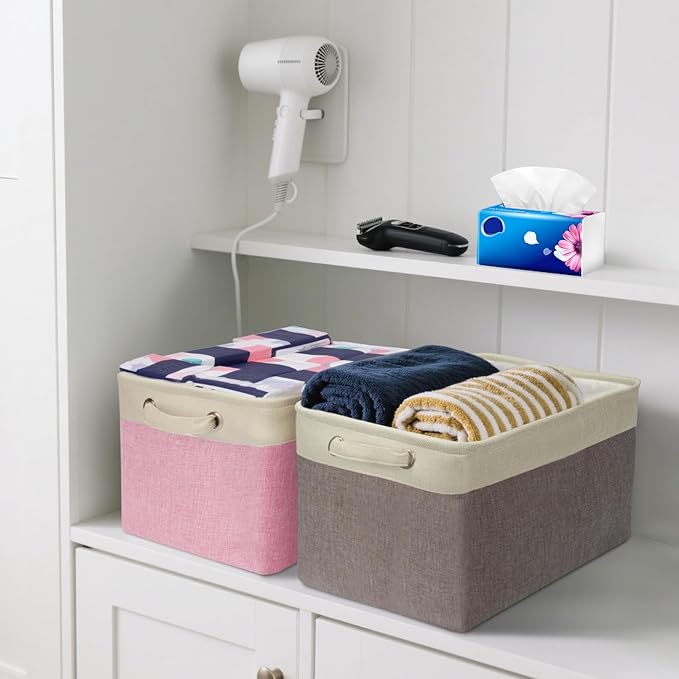 BALEINE 2 Pack Fabric Storage Bins for Shelves, Linen Storage Baskets for Organizing, Decorative Closet Bins for Clothes, Home (Navy Blue, 15"x11"x9.5") 