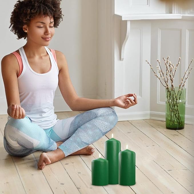 Bask Cone Top Pillar Candles - Elegant Green Candles - Set of 3 Green Pillar Candles - 3"x4", 3"x6", and 3" x8 - Smokeless and Dripless Decorative Candles for Home Decor and Relaxation