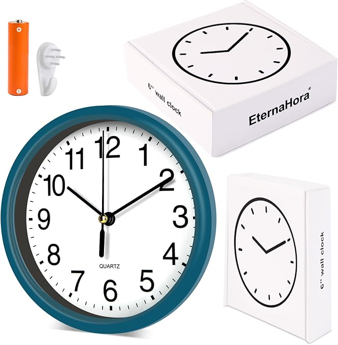 Silent Wall Clock Non Ticking, 6 Inch Wall Clocks Battery Operated, Small Analog Clock for Bedroom Home Office Kitchen Bathroom School, Easy to Read(Blue)