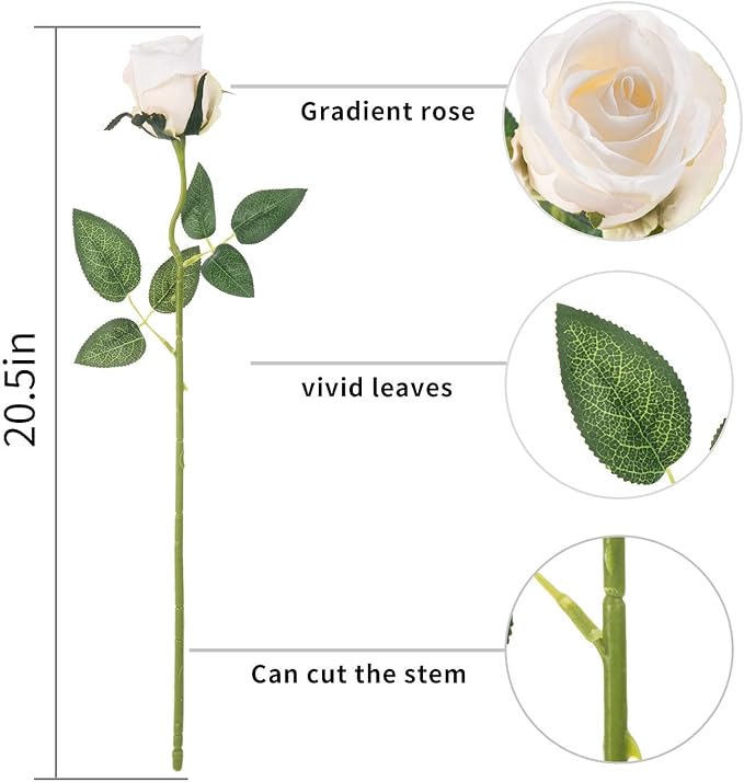 Flojery 10pcs Artificial Rose Flowers Long Stem Fake Silk Roses for DIY Wedding Bouquet Table Centerpiece Home Decor (White)