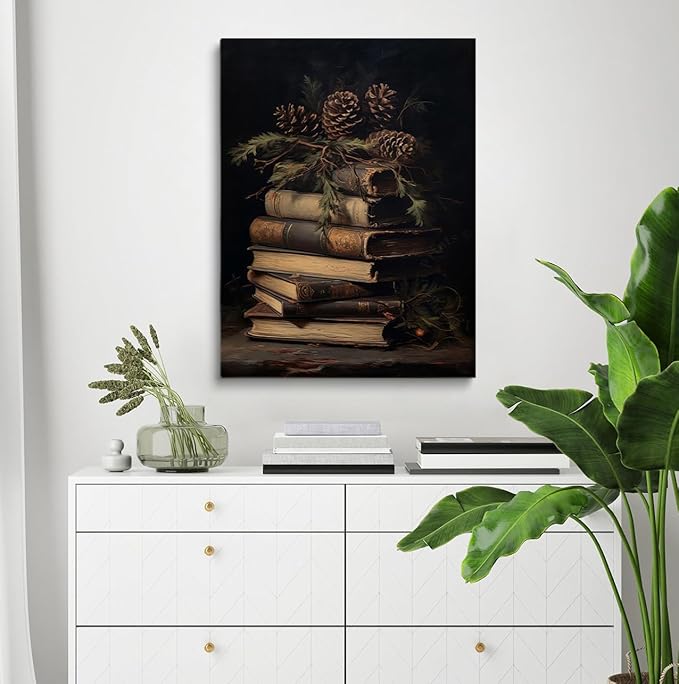 Pinecones With Book Poster,Rustic Christmas Wall Art,Book Art,Victorian Pinecones Print Oil Painting,Still Life Print,Dark Academia,Christmas Library Reading Room Bedroom Decor12x16inch Framed Art