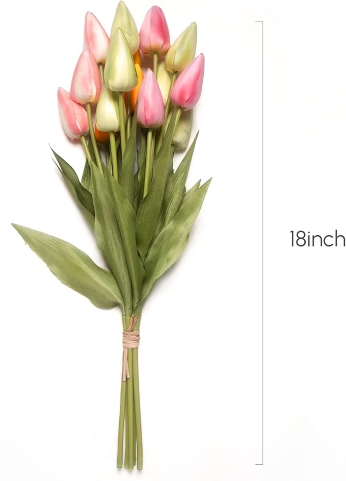 Set of 12 Artificial Tulip Flowers, 4 Colors Fabric Faux Tulips with Bendable Stems for Home Office Kitchen Decor, Wedding, Party, Vase Arrangement- Multi Colors