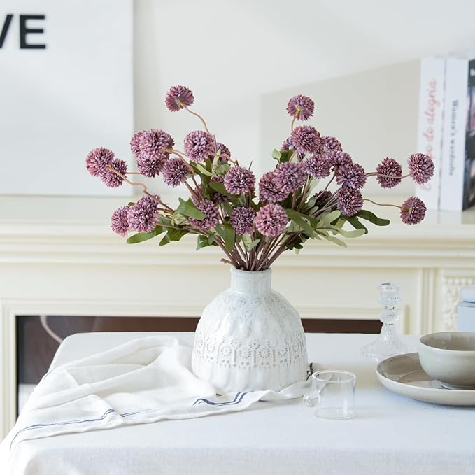 Laelfe Artificial Kiku Flower - 5 Pcs Fake Pompon Mums Silk Small Chrysanthemum Faux Ball Fall Flower Stem Decor for Autumn Wedding Filler DIY Bouquet Centerpieces Arrangements Shower (Grey Purple)