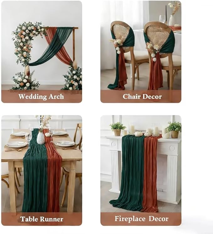 Cheesecloth Table Runner 2 Pack Terracotta and Dark Green, Boho Gauze Table Runner 10Ft 120 Inches Long for Wedding Decor, Party & Home Table Decoration