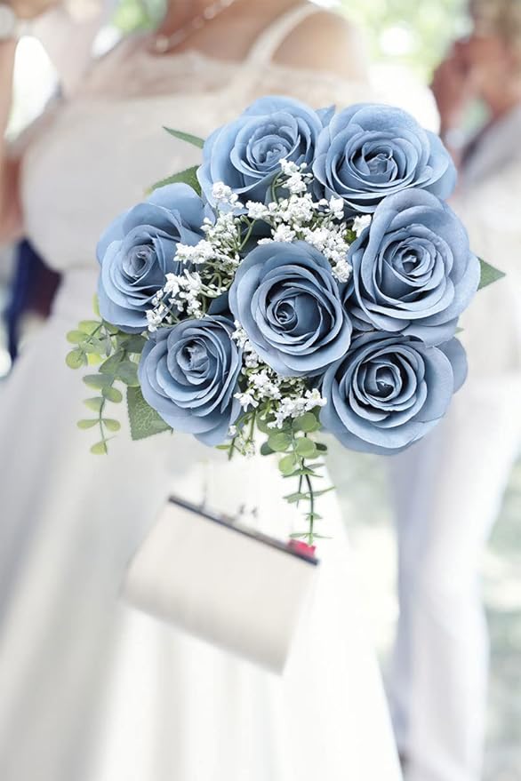 Artificial Rose Flower Artificial Flowers Flower with Long Stem Silk Roses Bouquet for Wedding Bridal Shower Party Home Decoration (Dusty Blue, 50 Pcs)