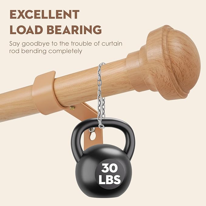 Wood Curtain Rods for Windows 66 to 120, 1 inch Telescopic Adjustable Heavy Duty Curtain Rod with Adjustable Brackets, Easy Install & Modern Finials, Fits Various Room Styles, Wood color