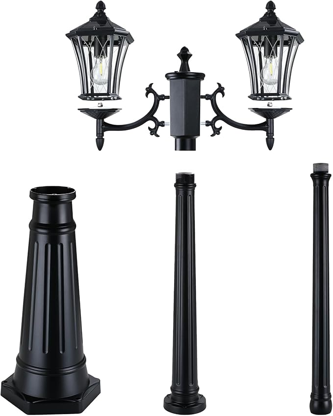 YSN 85" Solar Lamp Post Light, Dusk to Dawn Lamp Posts Outdoor Lighting, 2-Head Solar Pole Lights Outdoor Post Lights, Retro Black Exterior Pole Lantern, Waterproof Light Posts for Outside Garden Yard