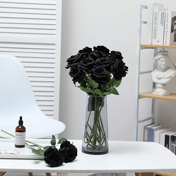 Nubry Artificial Silk Rose Flower Bouquet Lifelike Fake Rose for Wedding Home Party Decoration Event Gift 10pcs (Black)