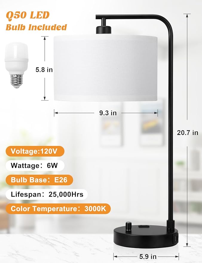 Innqoo White Side Table Lamp with USB Port and Outlet, Dimmable Nightstand Bedside Lamps with Linen Lampshade, Desk Lamp for Bedroom, Living Room, Guest Room, Home Office, LED Bulb Included