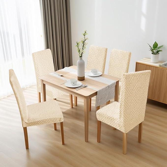 Cream White Chair Covers, Set of 6, Classic Style, Breathable, Machine Washable, For Kitchen, Hotel, Family Dining Room