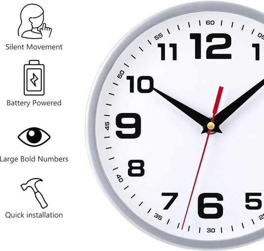 Wall Clock Silent Non-Ticking 8 Inch Modern Clocks Battery Operated Small Analog Silver Clock for Kitchen Bedroom Office Living Room Decor