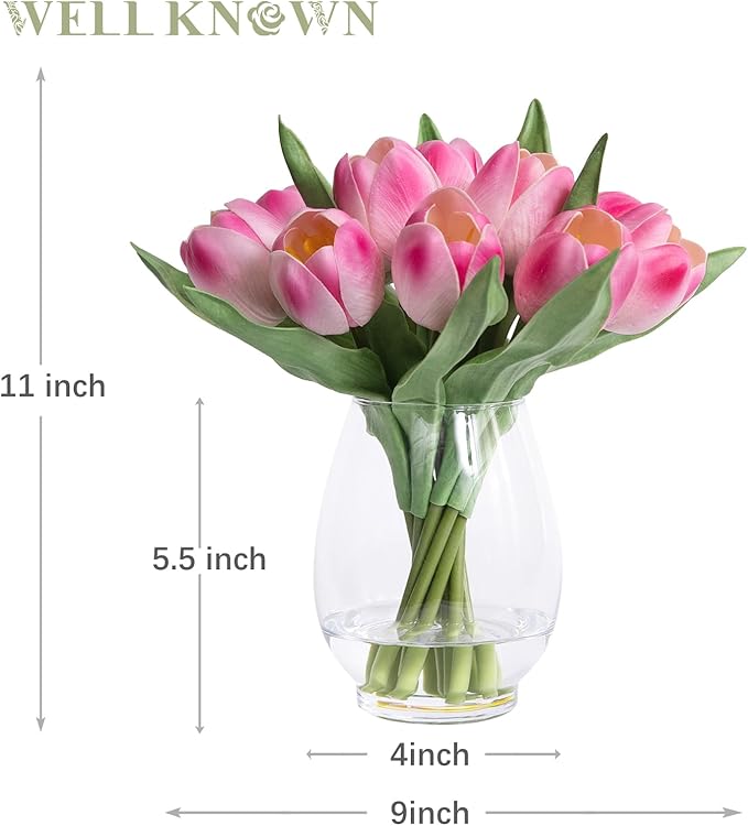 WELL KNOWN 12 Pcs Fake Tulips Artificial Pink Flowers in Vase with Faux Water, Real Touch Foam Tulips Arrangements with Vase for Home Office Decor, Dining Table Wedding Centerpiece Gift (Fuchsia)